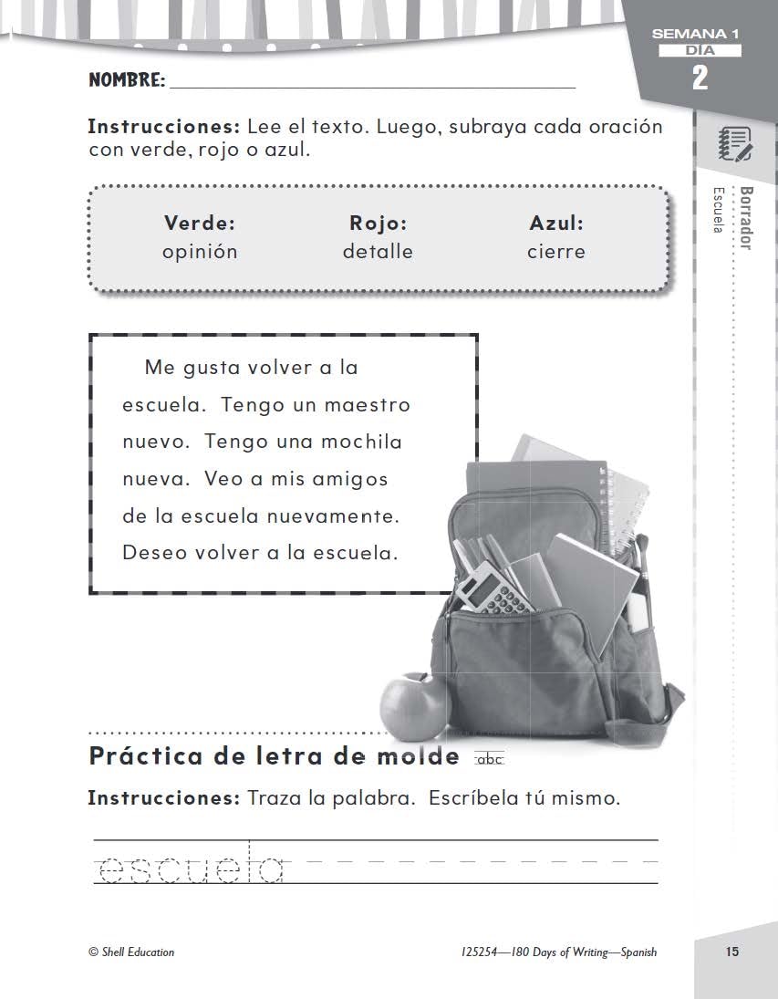 180 Days: Writing for First Grade (Spanish)