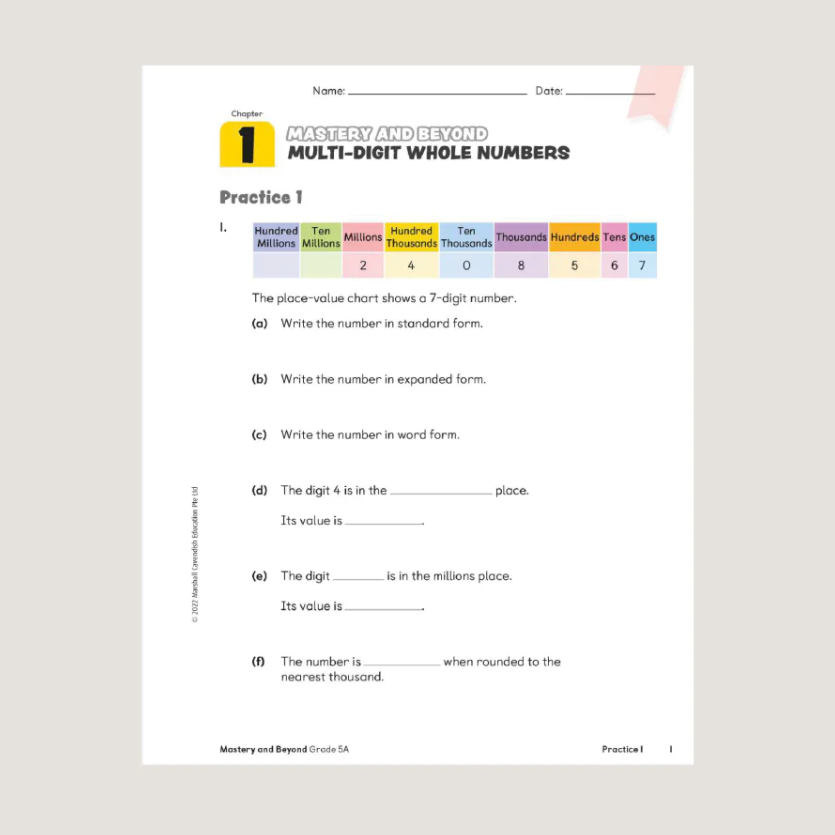 Primary Mathematics Mastery and Beyond 5A (2022 Edition) Workbook