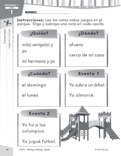180 Days: Writing for Kindergarten (Spanish)