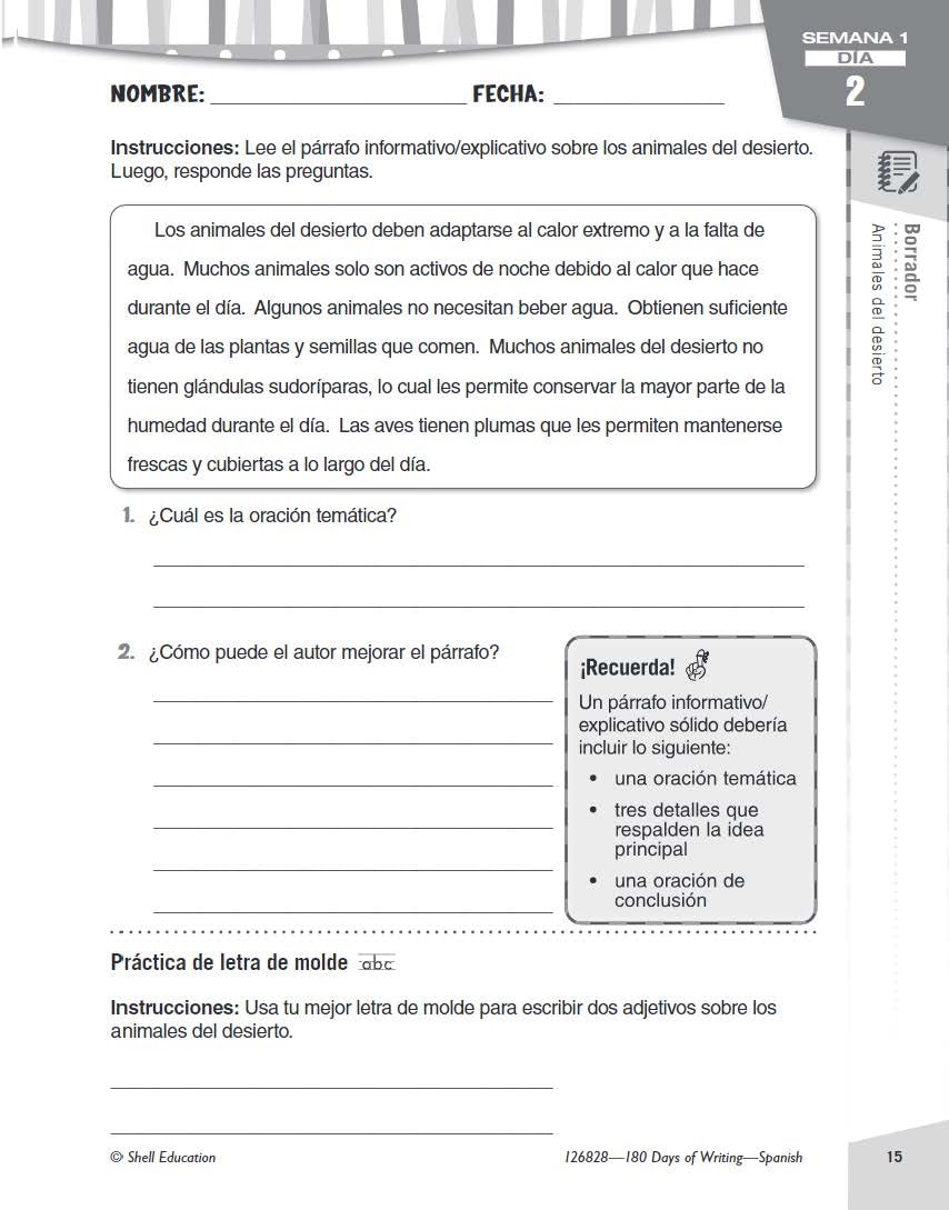 180 Days: Writing for Third Grade (Spanish)